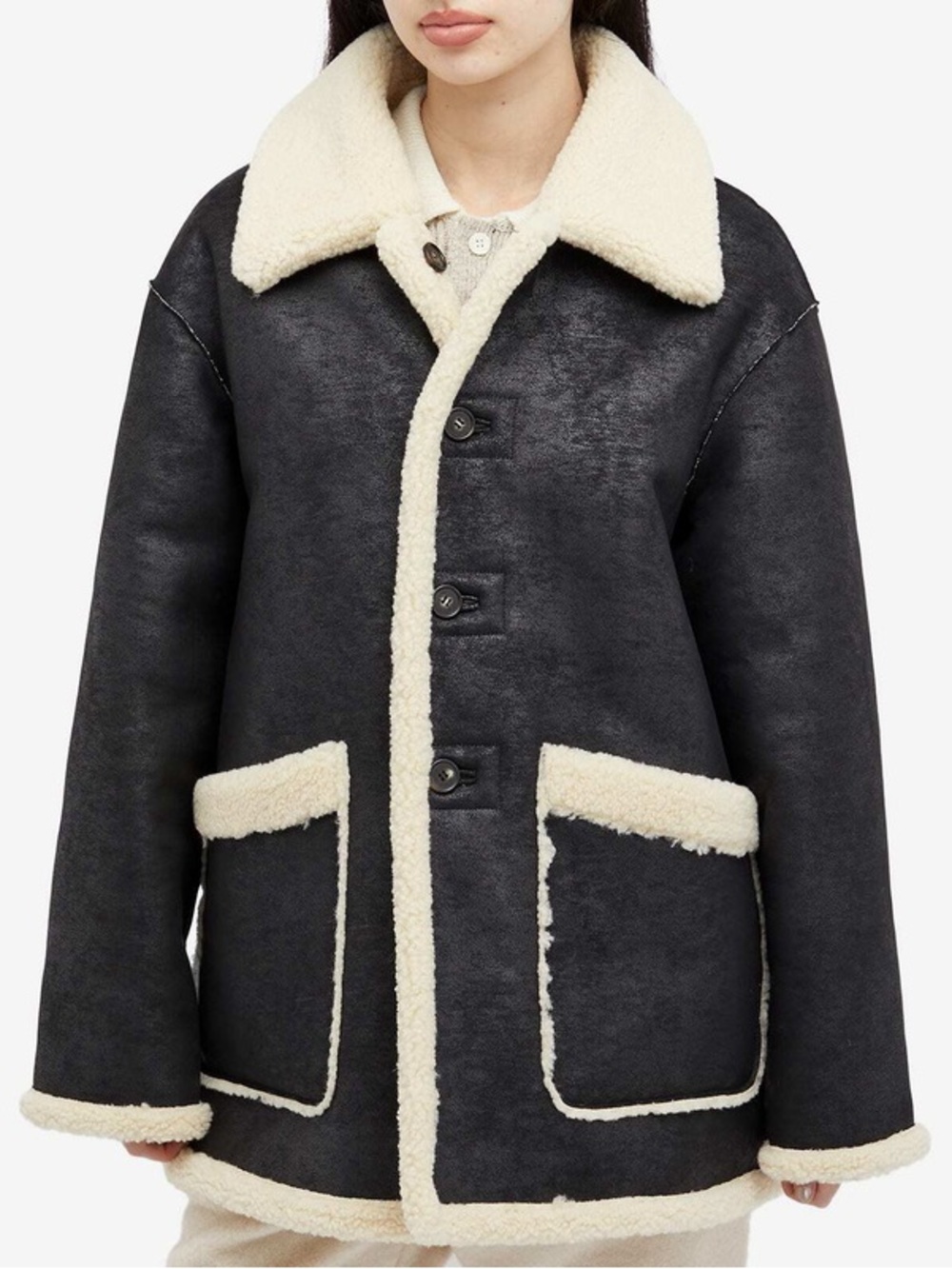 DUNST Women's Unisex Reversible Shearling Jacket in Black Size M Buttons Pockets